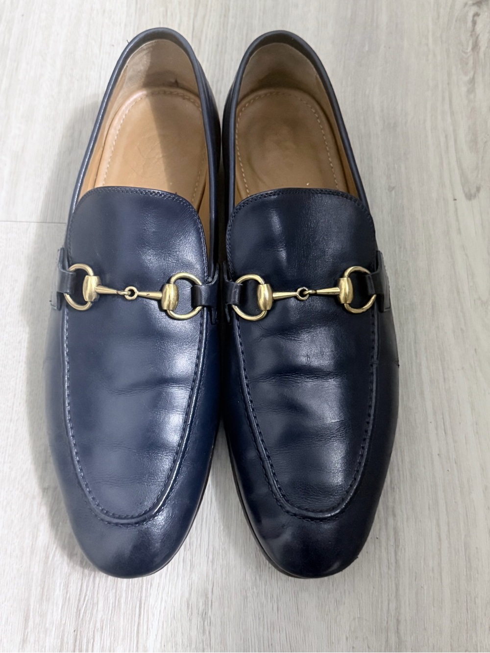 Gucci Jordaan Loafers Blue Leather Horse Bit Slip On 406994 Men 8 fits 10US Rare